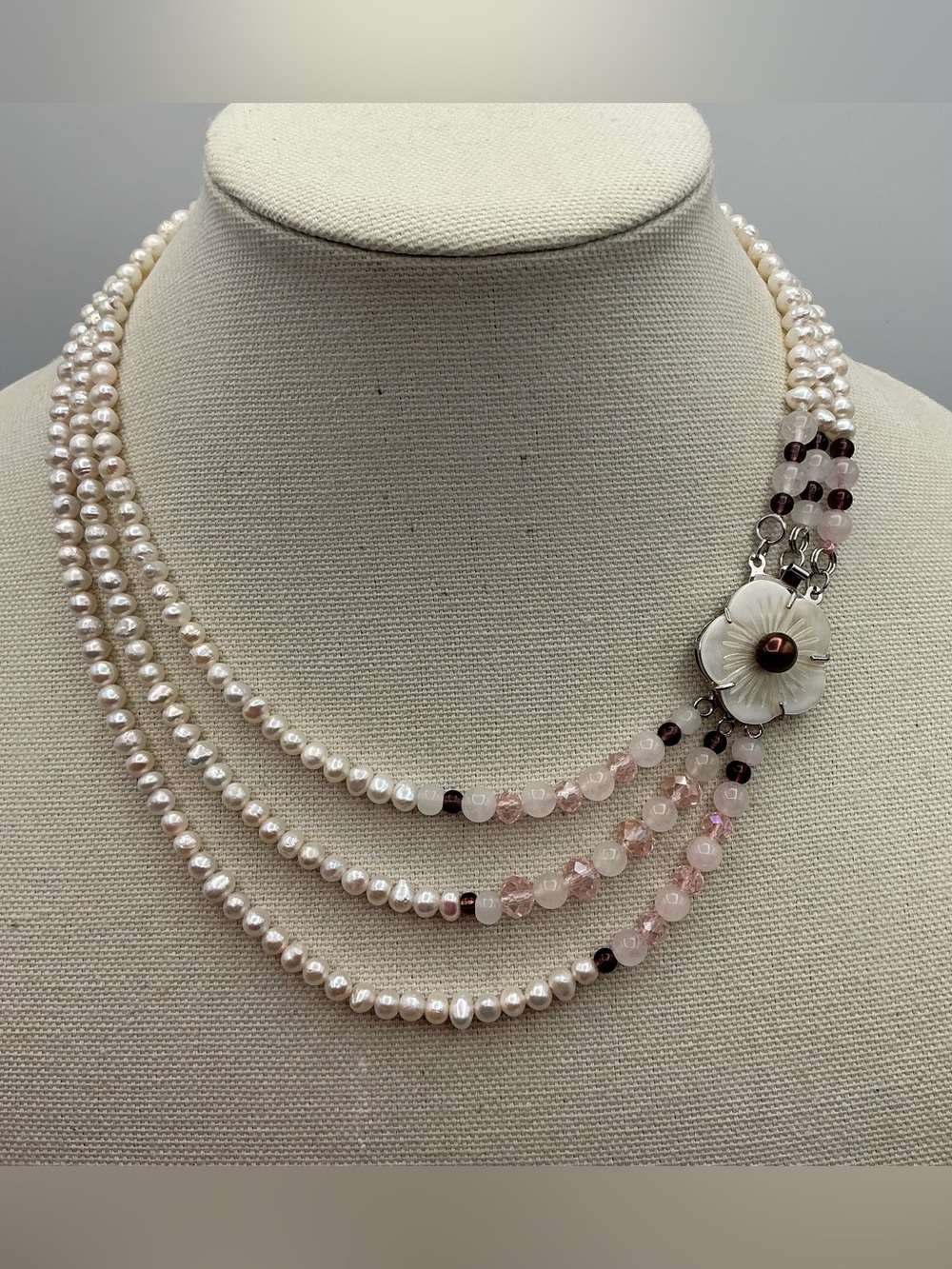 Handcrafted White Pearl & Rose Quartz Multi-Strand Necklace with Floral Accent